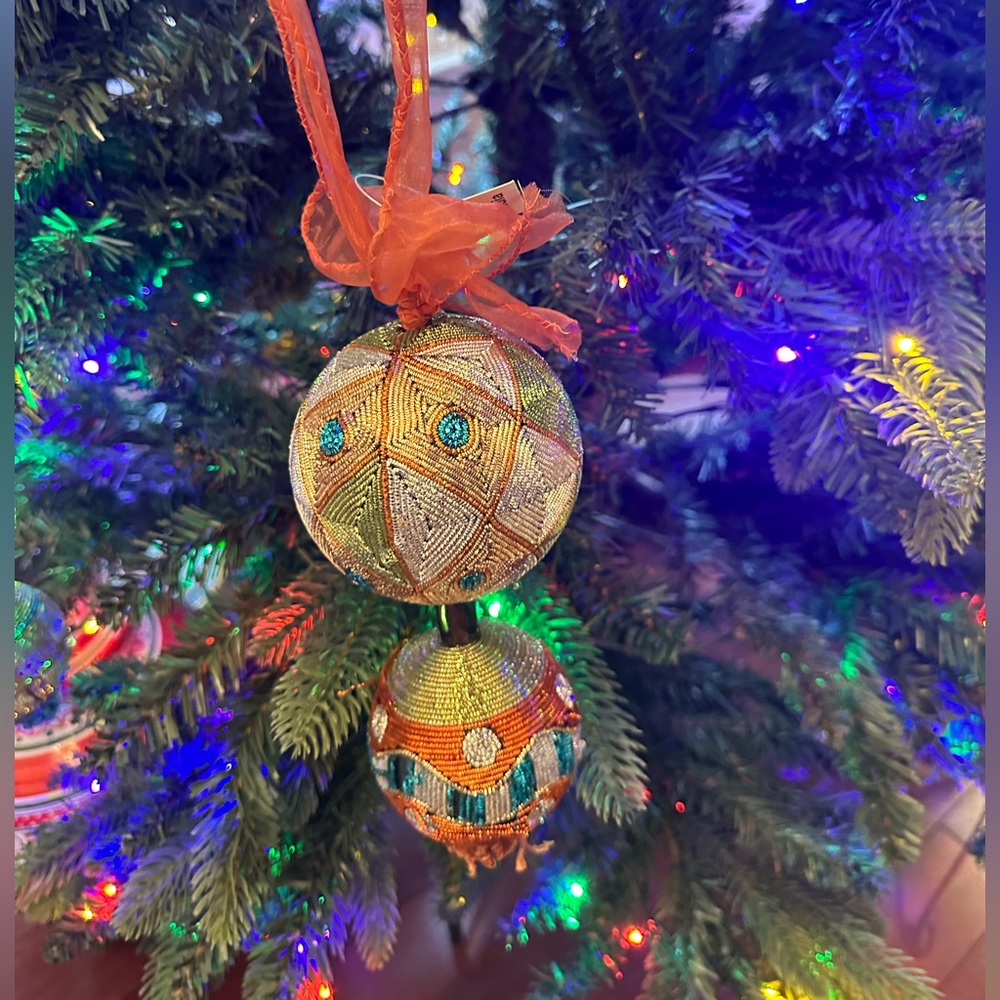 MacKenzie-Childs Glitter Design Orange and Gold Ornament 8"